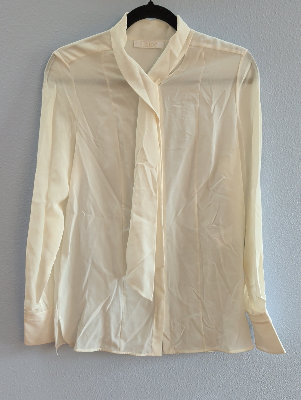 Chloe Silk Cream Tie-Neck Long-Sleeve Blouse Button Up Shirt
